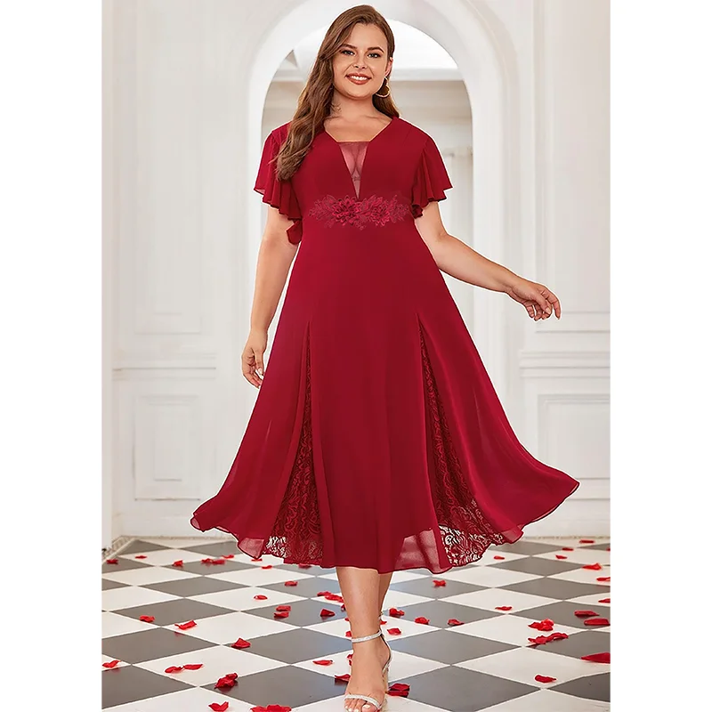 2023 Plus Size Short Sleeve Applique Dress Wedding Luxury V Neck Lace Plus Size Dress Women Summer Mid Length Ruffle Madi Dress