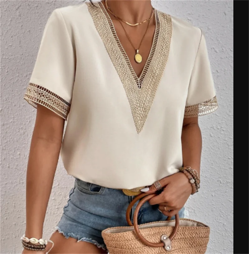 

Women's V-neck Splicing Lace Blouse Elegant Commuter Loose Short Sleeve Shirt Female 2023 Summer British Style Daily Casual Tops