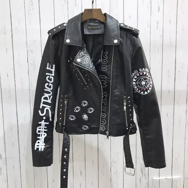 New Autumn Women Winter Faux Soft Leather Jackets Coats Lady Black PU Rivet Zipper Epaulet 3D print Motorcycle Streetwear