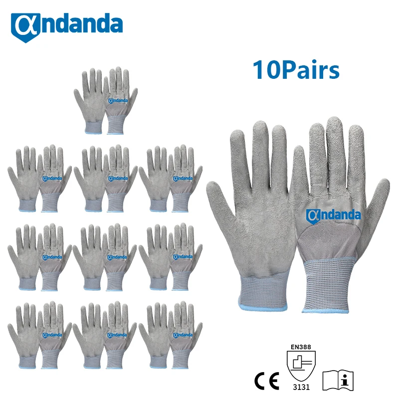 

Andanda 10 Pair Palm Dipped Latex Work Gloves For Mechanical Repairing Gardening ,Latex Wrinkled Palm Protective Gloves