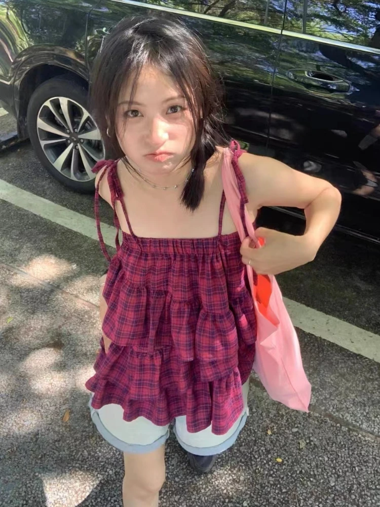 

ADAgirl Y2k Plaid Blouse Skirt Two Way Wear Sling Shirt Women A-line Cake Skirt Harajuku Lace-up Pleated Ruffle Short Dress Chic