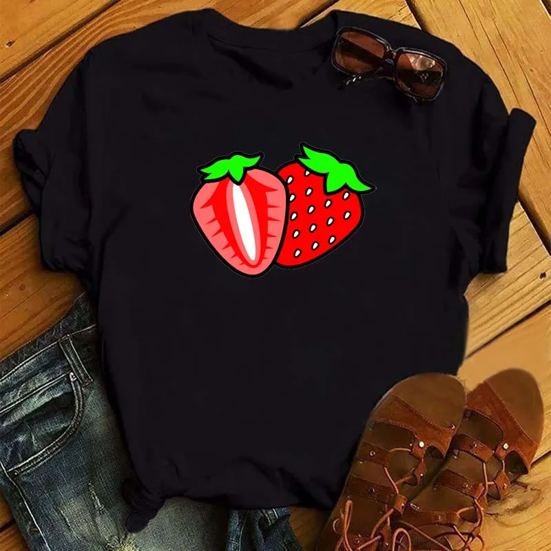 

Maycaur New Strawberry Fruit T Shirt Women Girl Black Tshirt Summer Funny Top Graphic Tee Shirt New Harajuku Kawaii Femme TShirt