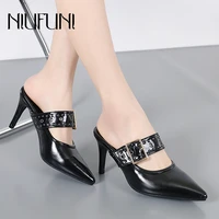 pointed toe belt buckle hollow womens slippers summer black white solid color pu leather slides slip on dress party woman shoes