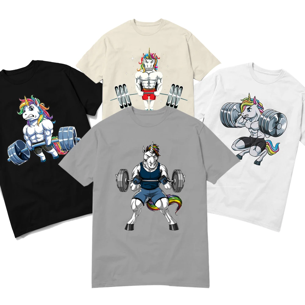 

Unicorn Weightlifting T-shirt Men's Trend Cartoon T Shirt Men Christmas Gifts Deadlift Rainbow Unisex New Fashion Cotton Tshirt