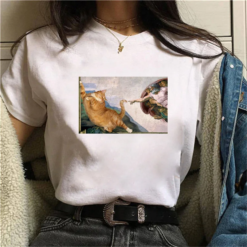 

Cute Cat Print T Shirt Funny Ladies Crew Neck Tees Streetwear Top Harajuku Outfits Female Blouse Clothing Summer Women's T-shirt