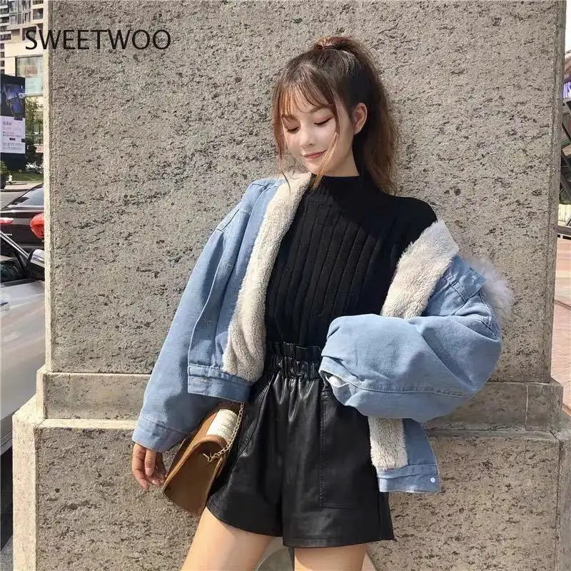 Plus Velvet Thickening Denim Jacket Winter Warm Hooded Fur Collar Single-Breasted Jackets Casual Warm Lambswool Streetwear Parka