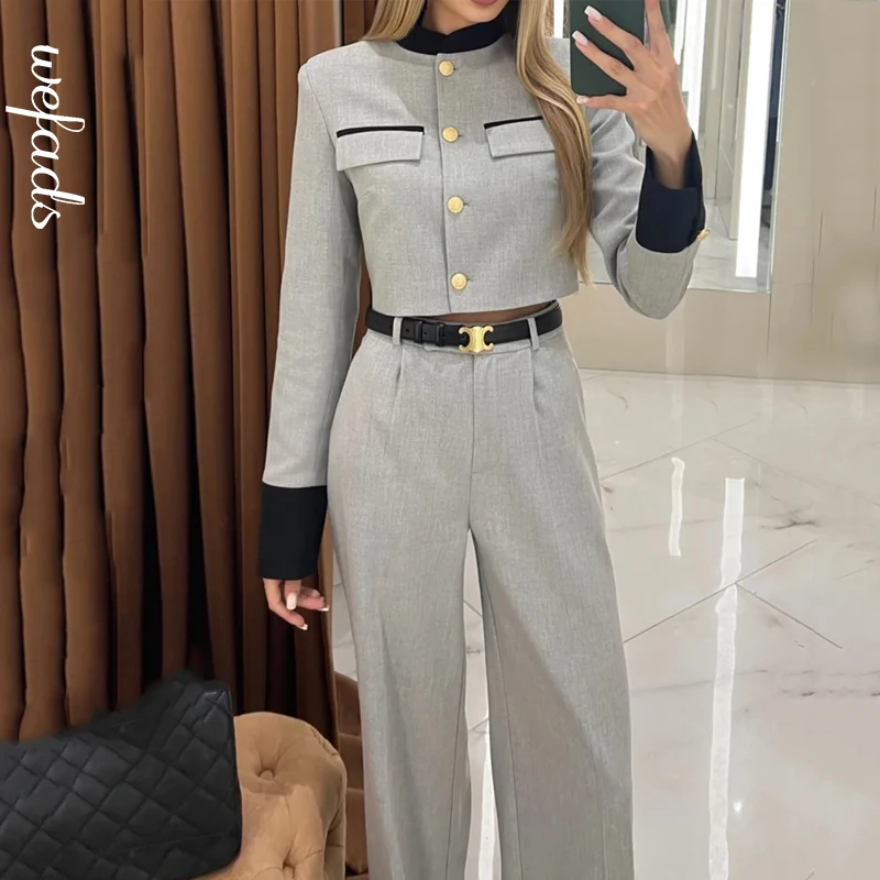 

Wefads Women Two Piece Set Autumn Office Full Sleeve Single Breasted Short Top Casual Solid Grey Loose Pants Suit With Belt