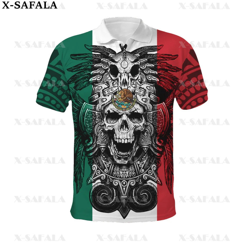 

Мужская и женская тонкая рубашка-поло с 3D-принтом в виде древнего черепа, мексиканского ацтекского татуировки, Повседневная Уличная одежда ...