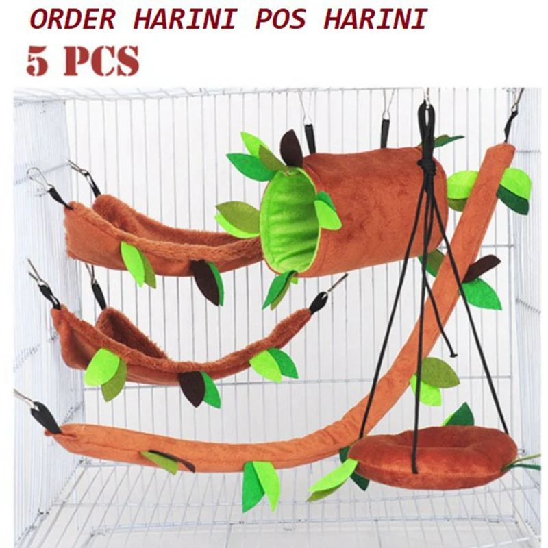 

5Pcs Hamster Sugar Glider Hanging Cage Accessories Set Leaf Wood Design Small Animal Hammock Channel Ropeway Swing