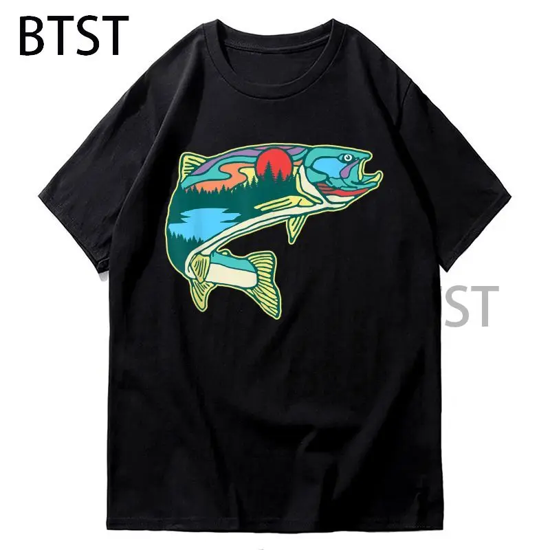 

Футболка мужская с изображением природы форели, винтажная хлопковая тенниска с графическим принтом, кавайная майка с рисунком ловли нахлыс...
