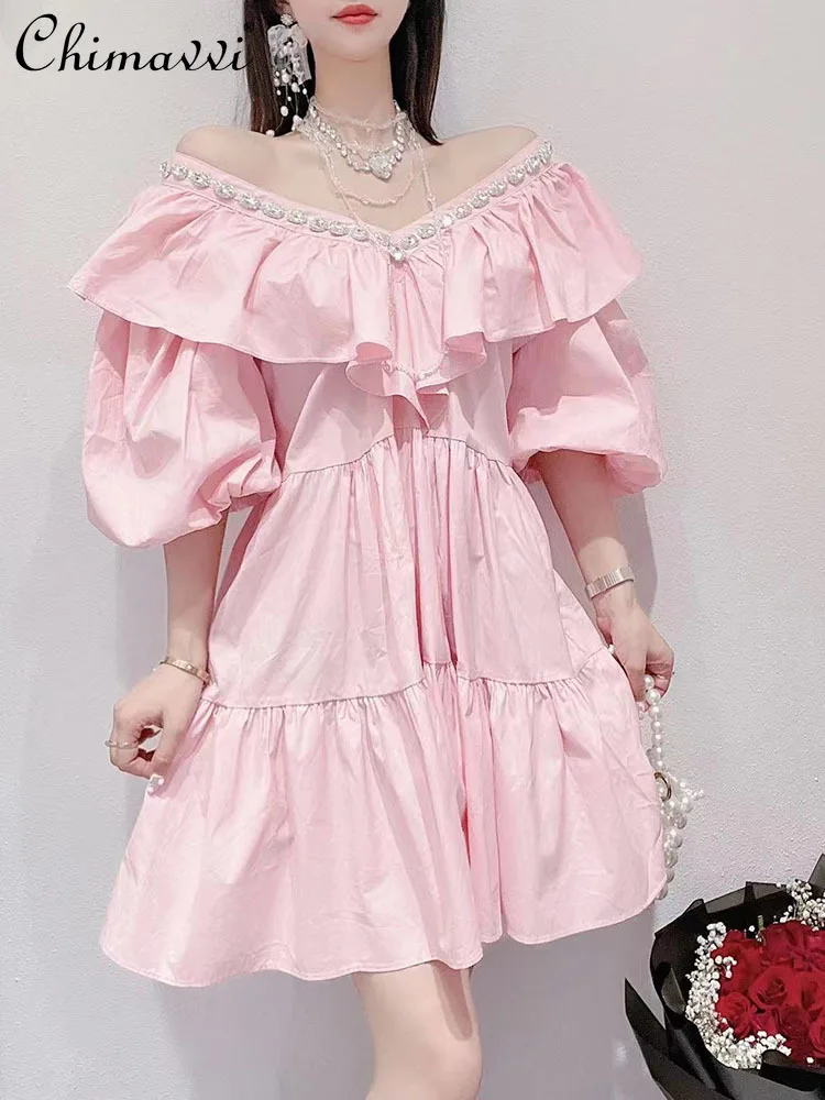 

Fashion Dress for Women 2022 Summer New Korean Sweet Heavy Rhinestone Ruffled Stitching Off-Neck Elegant Two-Way Short Dress