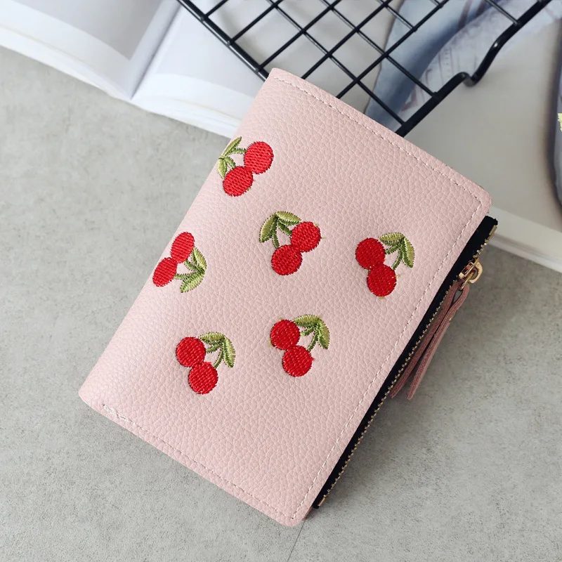 Women's Vertical Buckle Cherry Embroidered Short Trend Small Wallet 2023 New Student Simple Fashion Wallet Women's Purse