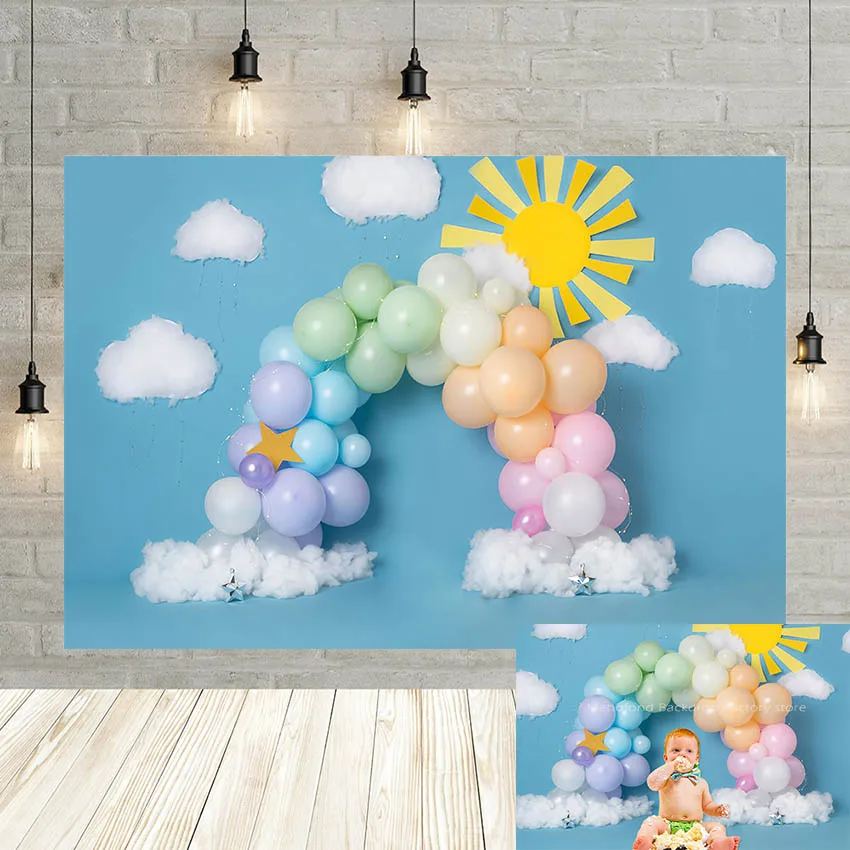

Mehofond White Clouds Photography Backdrop Purple Balloon Girl Birthday Party Sun Cake Smash Portrait Background Photo Studio