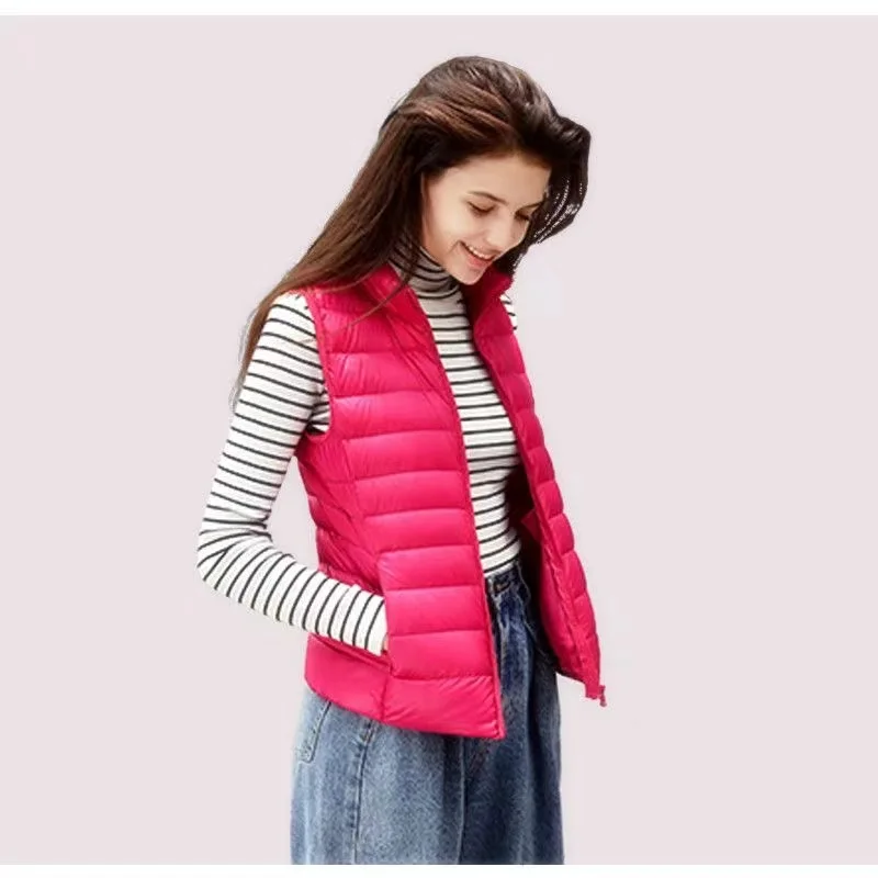 Down Jacket Vest Women's Autumn Winter New Thin Warm Short Stand Collar Slim Zipper Pocket Casual Solid Color Vest Jacket
