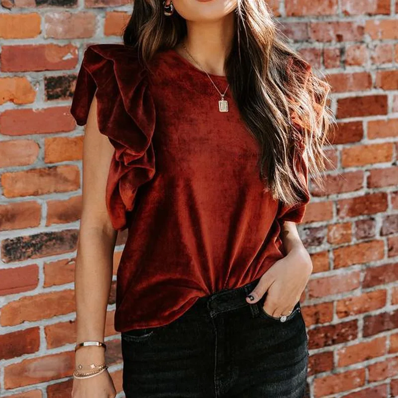 

Casual O Neck Spring Summer Shirt Pullover Fashion Office Lady Korean Velvet Tops Blusas Commute Butterfly Sleeve Women's Blouse