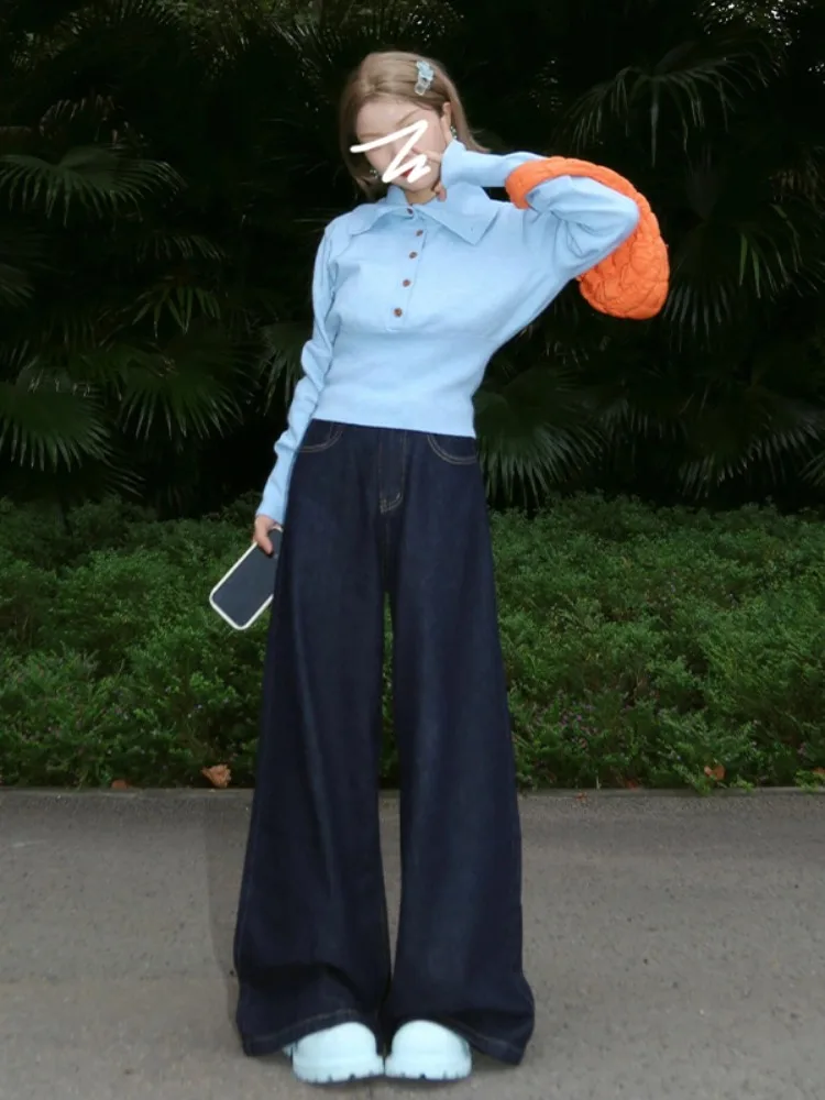 Deep Autumn and Early Winter Design Sense Idle Sle Lapel Knit Женский осенне-зимний длинный рукав Синий