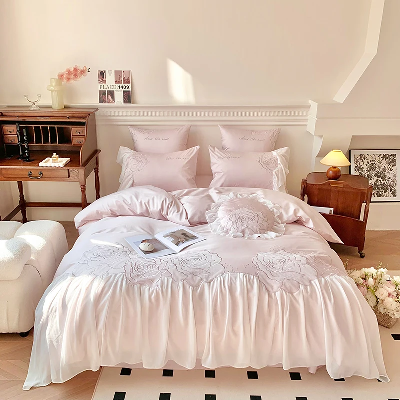 

Luxury Princess Wedding Bedding Set 1000TC Egyptian Cotton Flowers Embroidery Chiffon Lace Edge Duvet Cover Bed Sheet Pillowcase