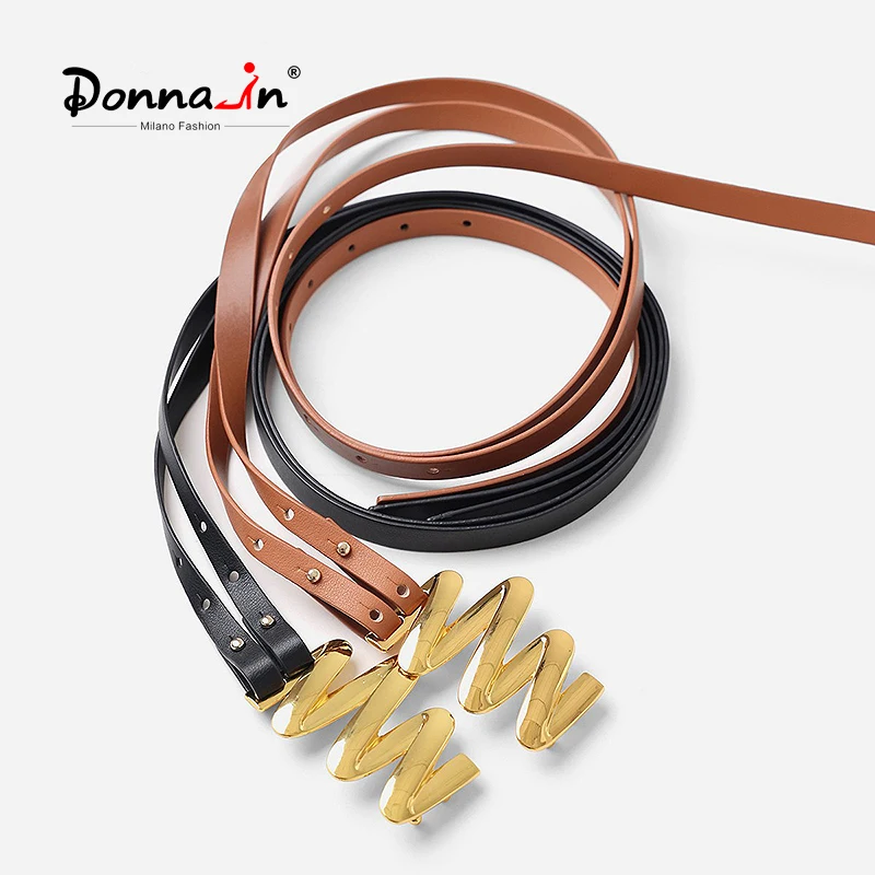 

Donna-in Fashion Calfskin Women Belts Black Brown Genuine Leather Golden Buckle Waist Band Stylish OOTD Designer Female Belts
