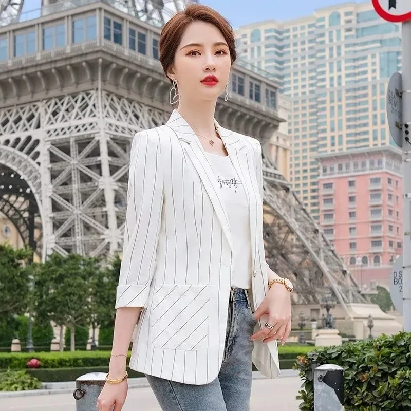 

Thin Striped Women Blazer Coats 2022 Spring Summer New Loose England Casual Office Formal Jackets Female Plus Size 4XL Outerwear