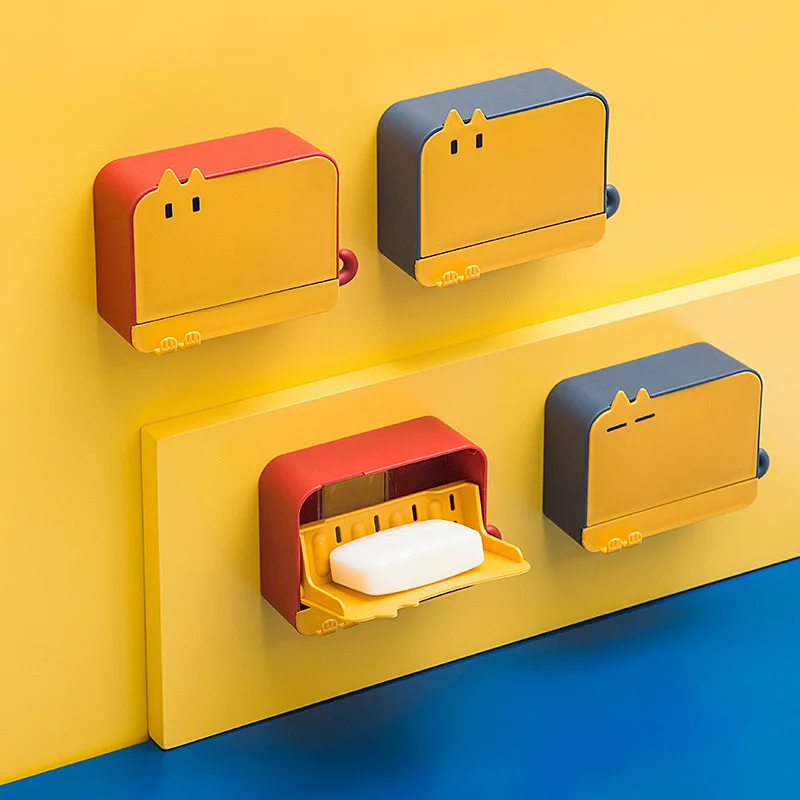 

Guofeng household soap box, hole free, wall mounted, plastic with cover, drip soap box, plastic soap box