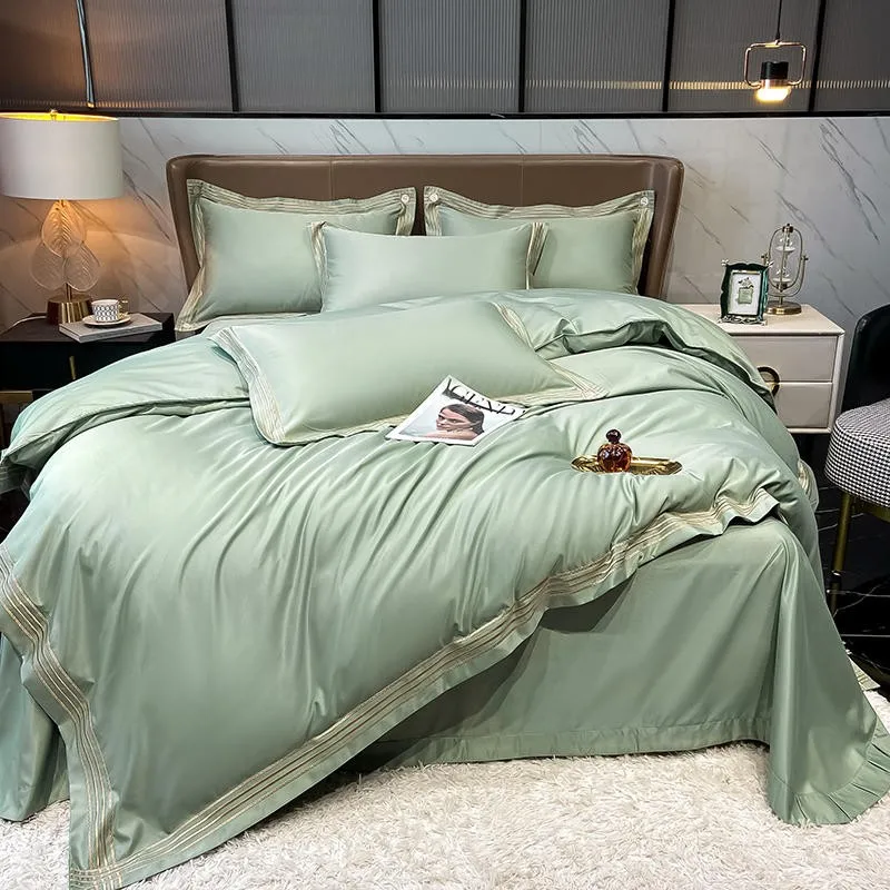 

High-count Brushed Cotton bedding set 4-lines Embroidered light green Duvet Cover bed sheet pillowcases Double Queen King 4pcs