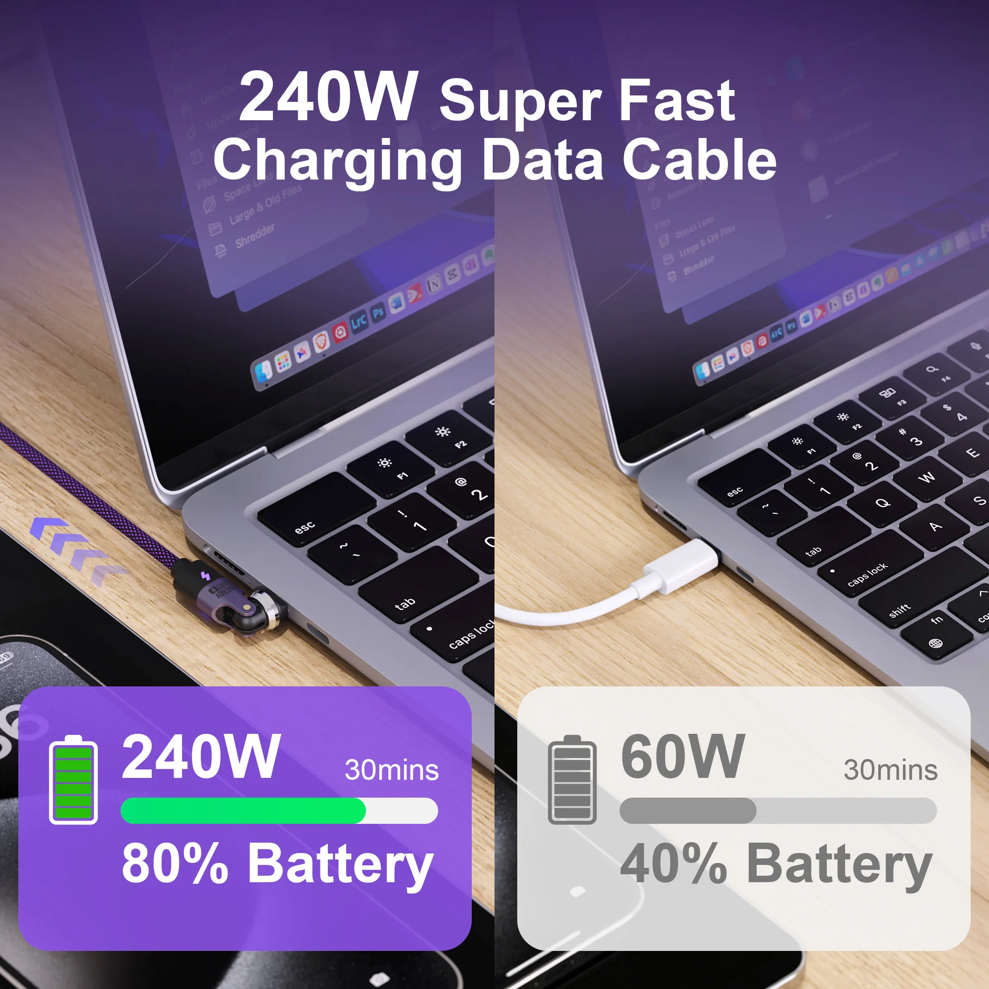 Фото 540 °   Вращающийся кабель USB-C на Type-C для быстрой зарядки 240 Вт, конвертер Type-C для Macbook, iPhone 17, Samsung S25 №2