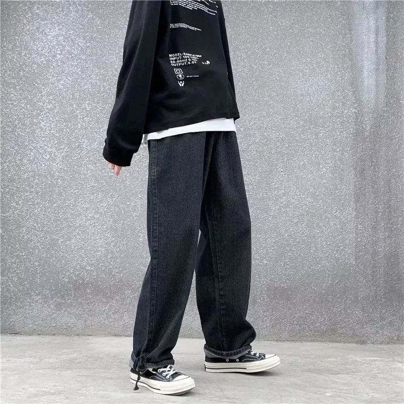 New2022 Jeans Solid Drawstring Denim Full Length Straight Loose Males All-match Trendy Punk Baggy Retro Leisure Chic Cowboy Trou