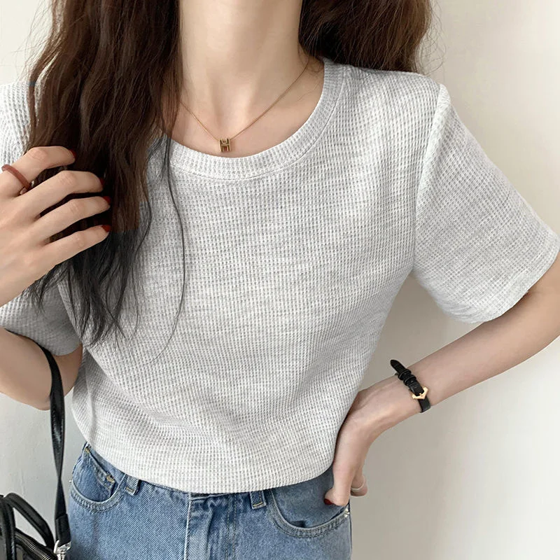 

Женские футболки с коротким рукавом, модные белые футболки в минималистичном стиле, однотонные женские топы в Корейском стиле с круглым выр...