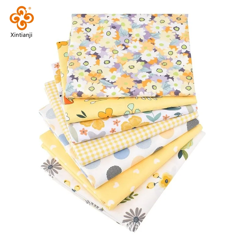 

Cotton Yellow Patchwork Fabric Flower Print Twill Material DIY Quilt Children's Doll Dress Needlework Supplies 25x25cm 7PCS/Set