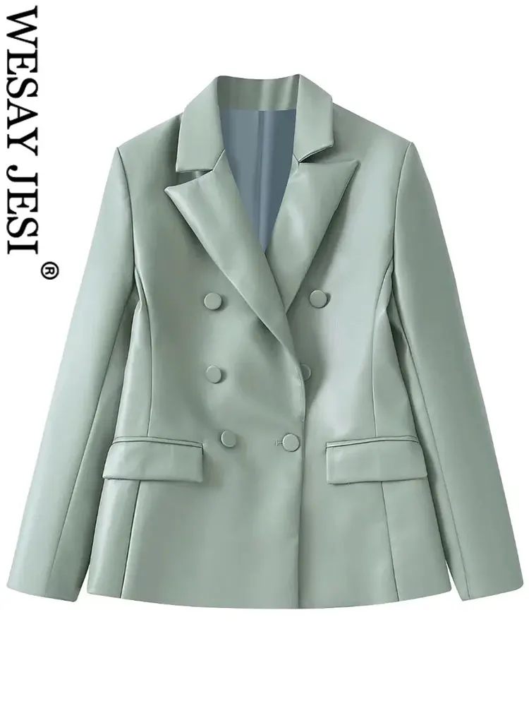 

WESAY JESI Grey Bean Green Fashion Double Breasted Slim Fit Blazer Lightweight Leather Unisex Minimalist Women's Formal Blazer