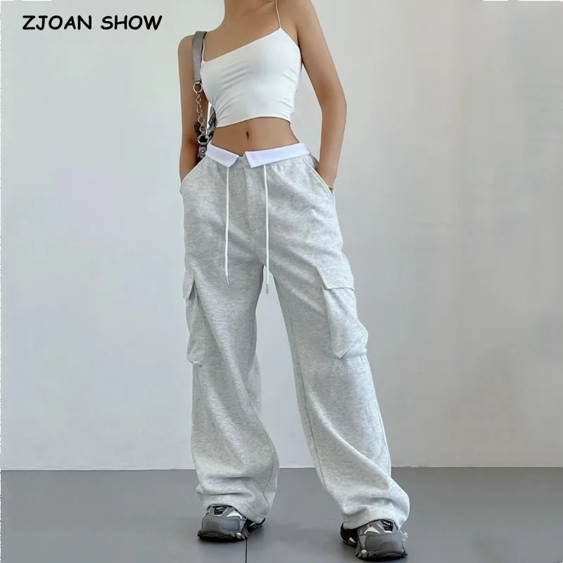 

2023 Women Low Folded Waist Trouser Pocket Cargo Jogger Safari Pants Woman Street Loose Drawstring Cuff Long Trousers Cool Girl