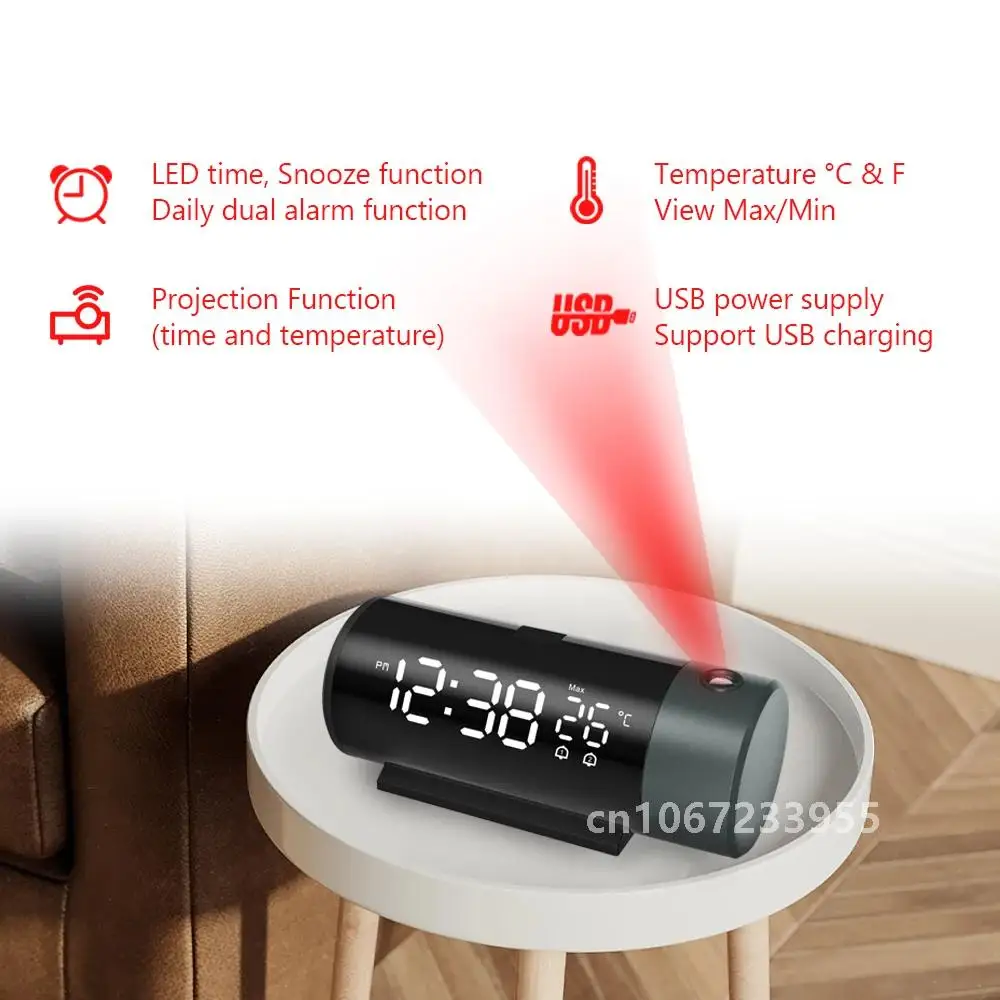 Цифровой проекционный будильник с температурой 180 ° Вращение USB Электронный стол