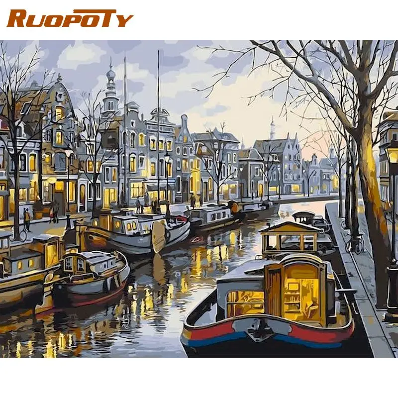 

RUOPOTY Oil Painting By Numbers Venice Bank Landscape Picture By Number Handmade 40x50cm Frame Home Living Room Decors