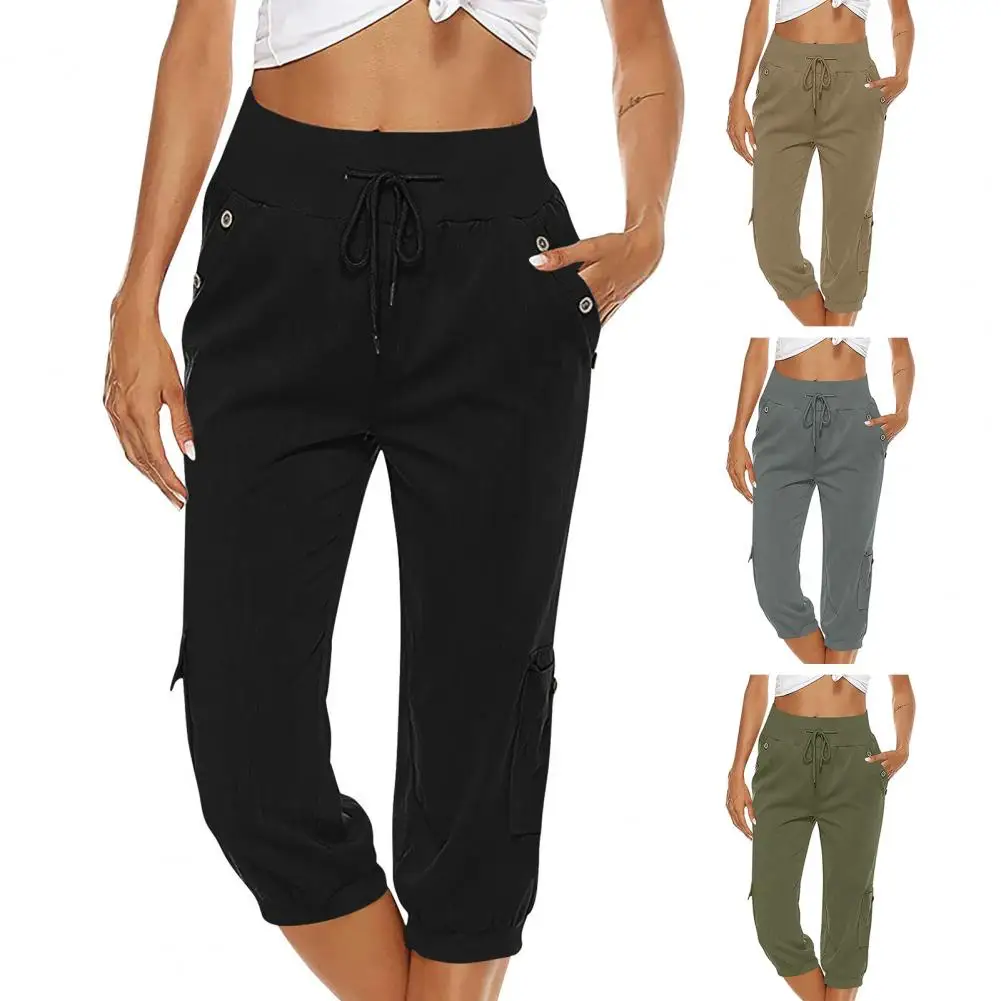 Women Cropped Pants Elastic Waist Multiple Pockets Summer Trousers Drawstring Mid-calf Length Loose High Waist Women Trousers