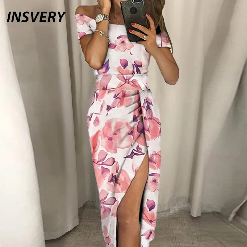 

Женское летнее длинное платье на одно плечо, облегающие платья с коротким рукавом и принтом для женщин, Пляжное Платье в стиле бохо