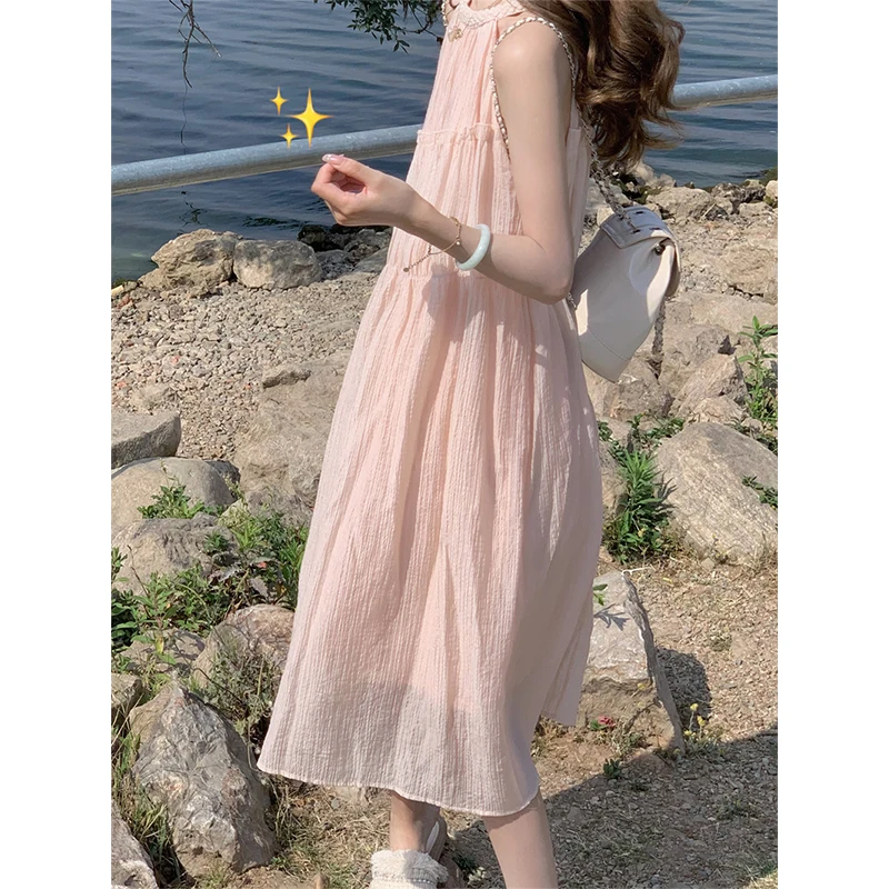 

Vacation Style Pink Hanging Neck Dress Women's Summer New Sweet Pleated Temperament Mid length Dress