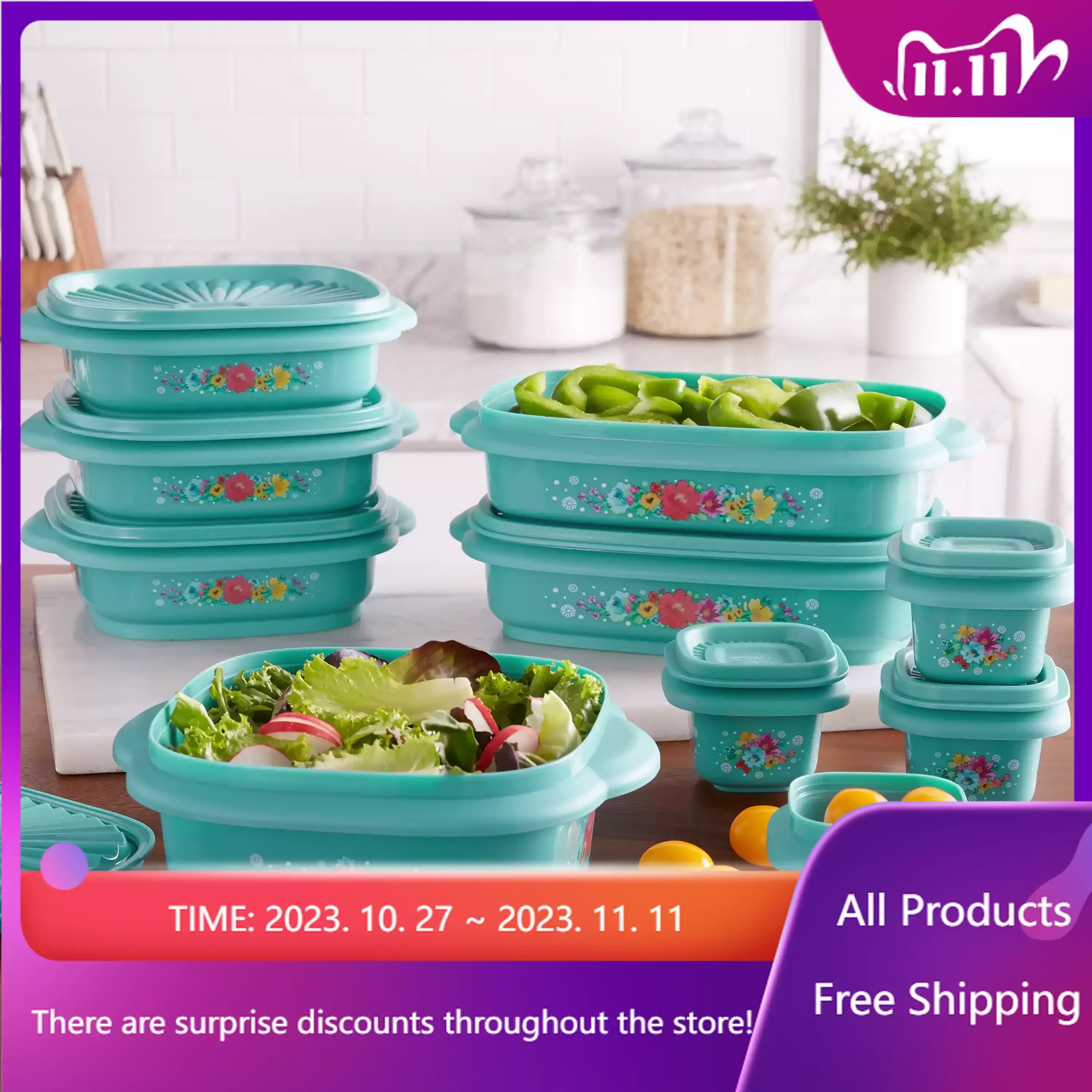 

20 Piece Plastic Food Storage Container Variety Set, Breezy Blossom，Lunchbox ，Bento Box Food Storage Containers Sales Promotion