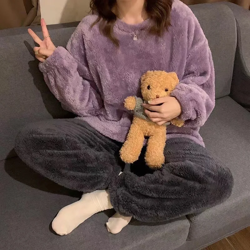 Flannel Winter Thicken Warm Female Pajama Sets 2022 New Winter Thicken Warm Homewear Pyjamas Home Suit