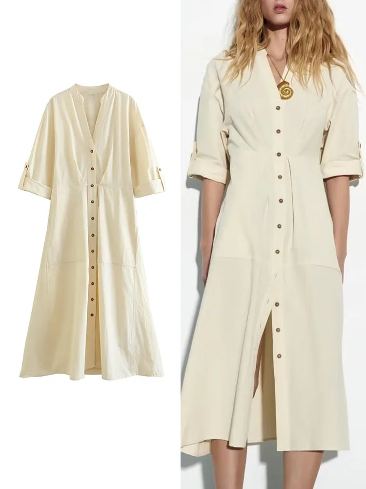 

Платье-миди летнее однотонное с коротким рукавом и V-образным вырезом