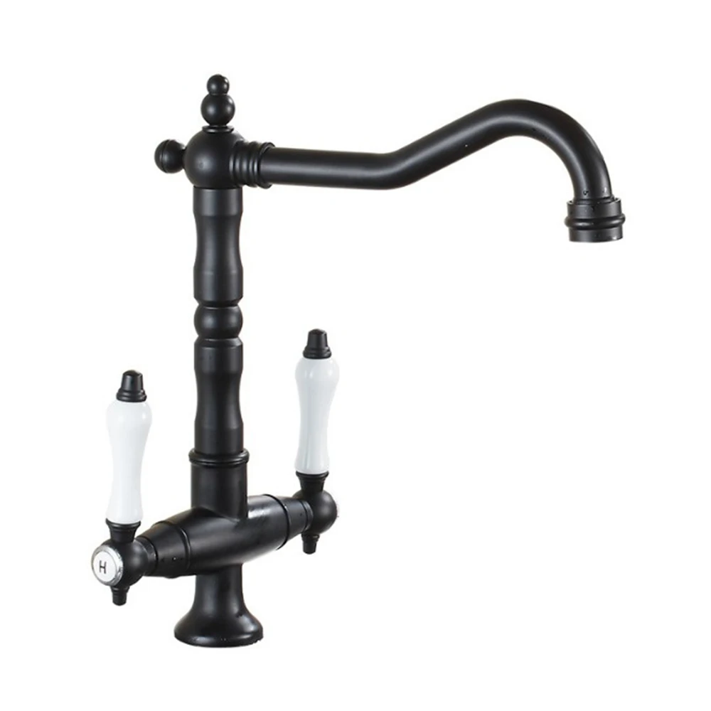 

Fyeer Double Ceramic Handle Retro Style Kitchen Faucet In Black