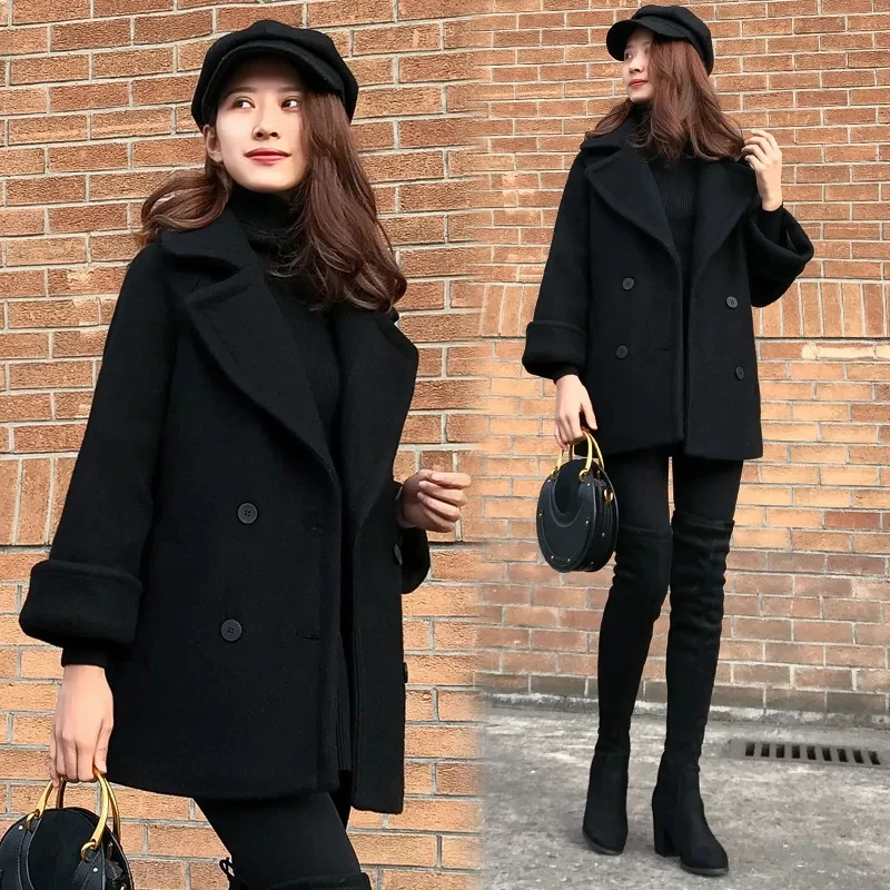 

Women Black Woolen Blend Coat 2022 Autumn Winter Double Breasted Mid Length Wool Outwear Korean Loose Femael Overcoat