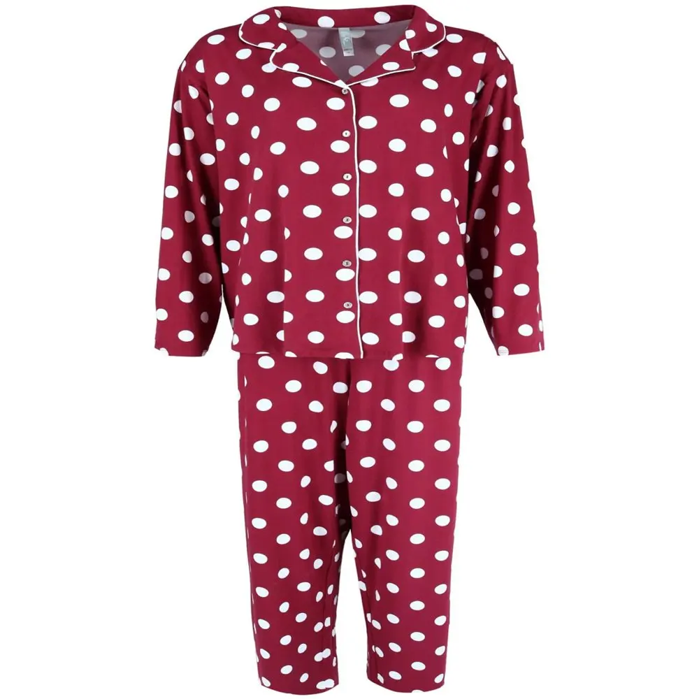 

Polka Dot Print Notch Collar Long Pajama Set (Women`s Plus)