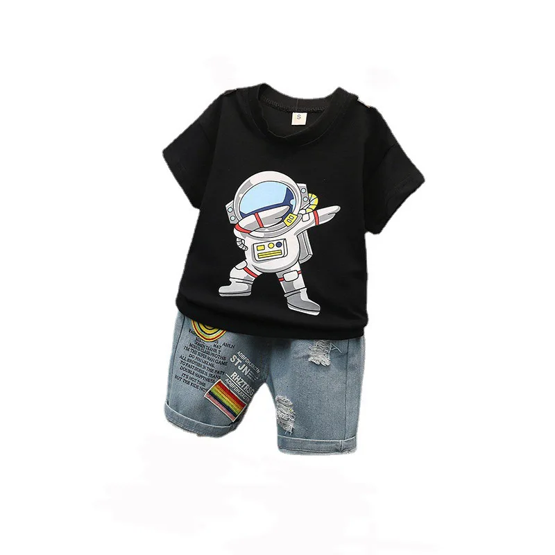 2022 Boys' Clothing Summer Clothes New 1-5 Years Old Cartoon Printed Round Neck T-shirt Casual Jeans Short Sleeved Suit 2PCS