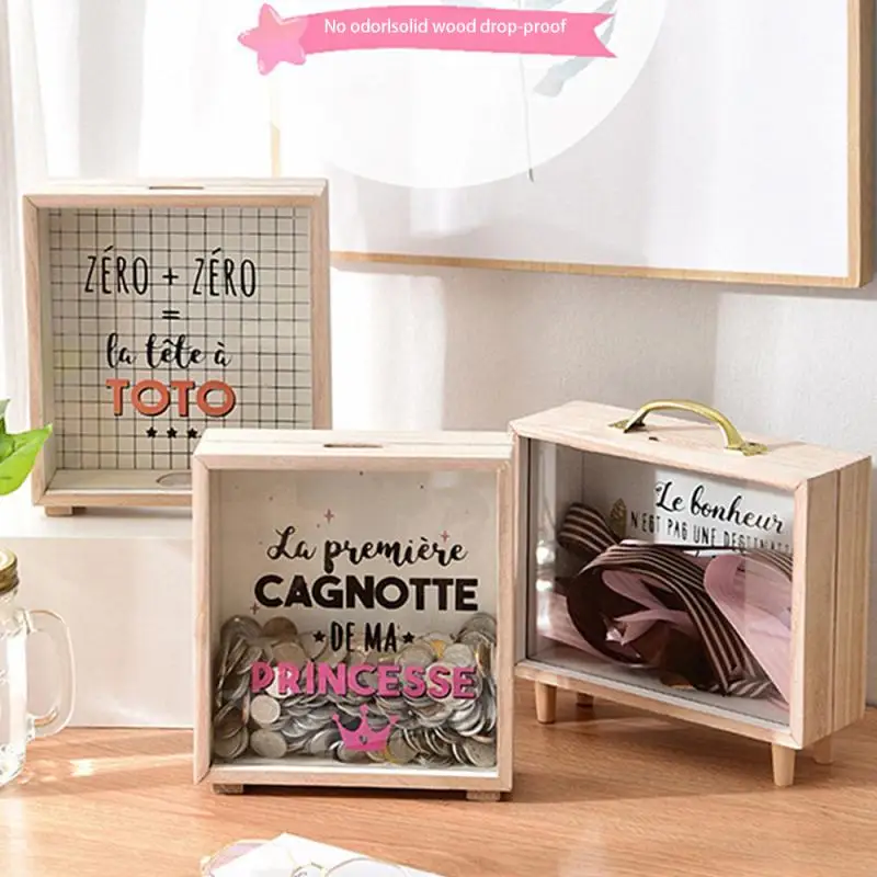 

Nordic Creative Container Portable Old-fashioned Piggy Bank Stationery Gift Ins Money Saving Box Home Storage Wood Glass