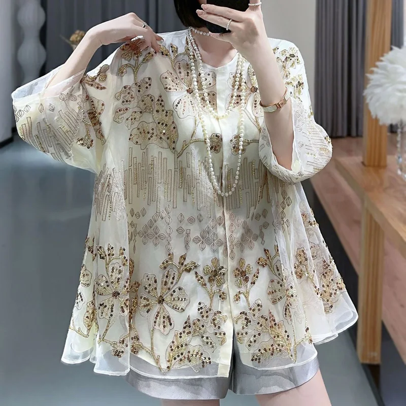 High-end Spring Summer Top Chinese Tang Attire Retro Embroidery Elegant Lady Silk Blouse Female S-XXL