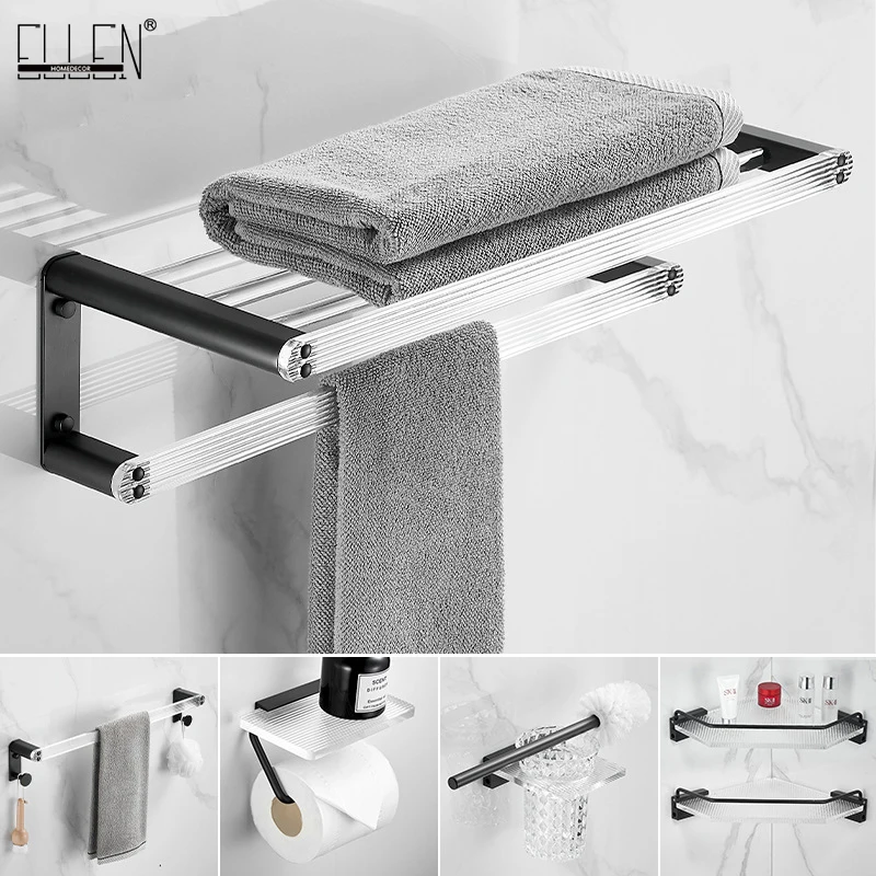 

ELLEN Black Bathroom Accessories Towel Shelf Toilet Paper Holder Towel Rack Toilet Brush Holder Bath Hardware Set EL7002