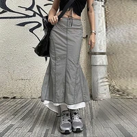y2k grey midi skirts patchwork pleated trumpet long skirts grunge korean streetwear women techwear retro clothes 90s