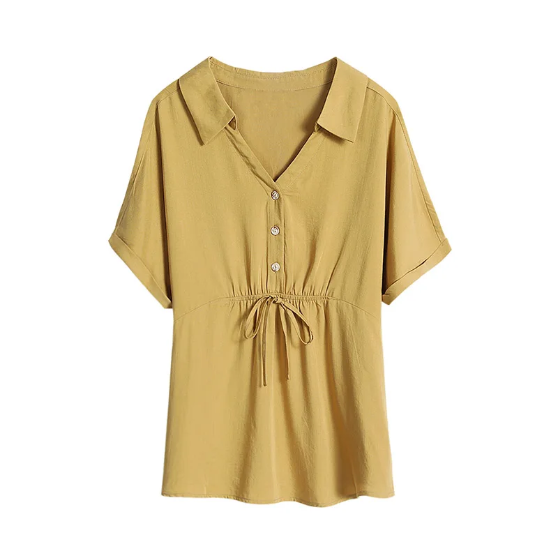 

Summer Blouse Short Sleeve Top Female Clothing Korean Fashion V-neck Shirt Chiffon Wild Solid Color Loose Movafag