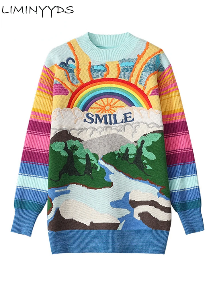 

Женский свитер оверсайз, модные вязаные пуловеры в радужную полоску с вышивкой и надписью, Свободные повседневные уличные топы, 2023