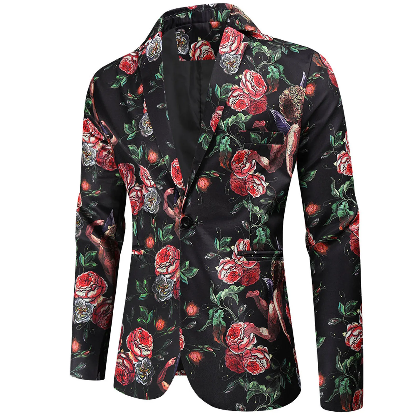 

Men's Fashion Coat Casual Pocket Button Suit Jacket Buckle Floral Printed Single-breasted Casual Suit jacket